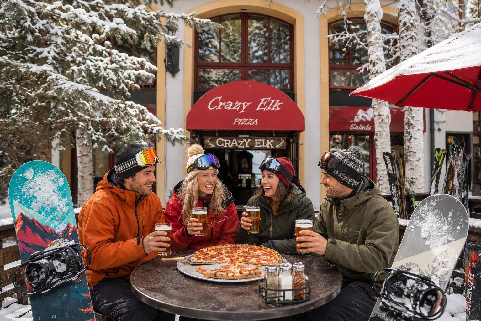 Friends in ski gear enjoying pizza and beer on the patio at Crazy Elk Pizza