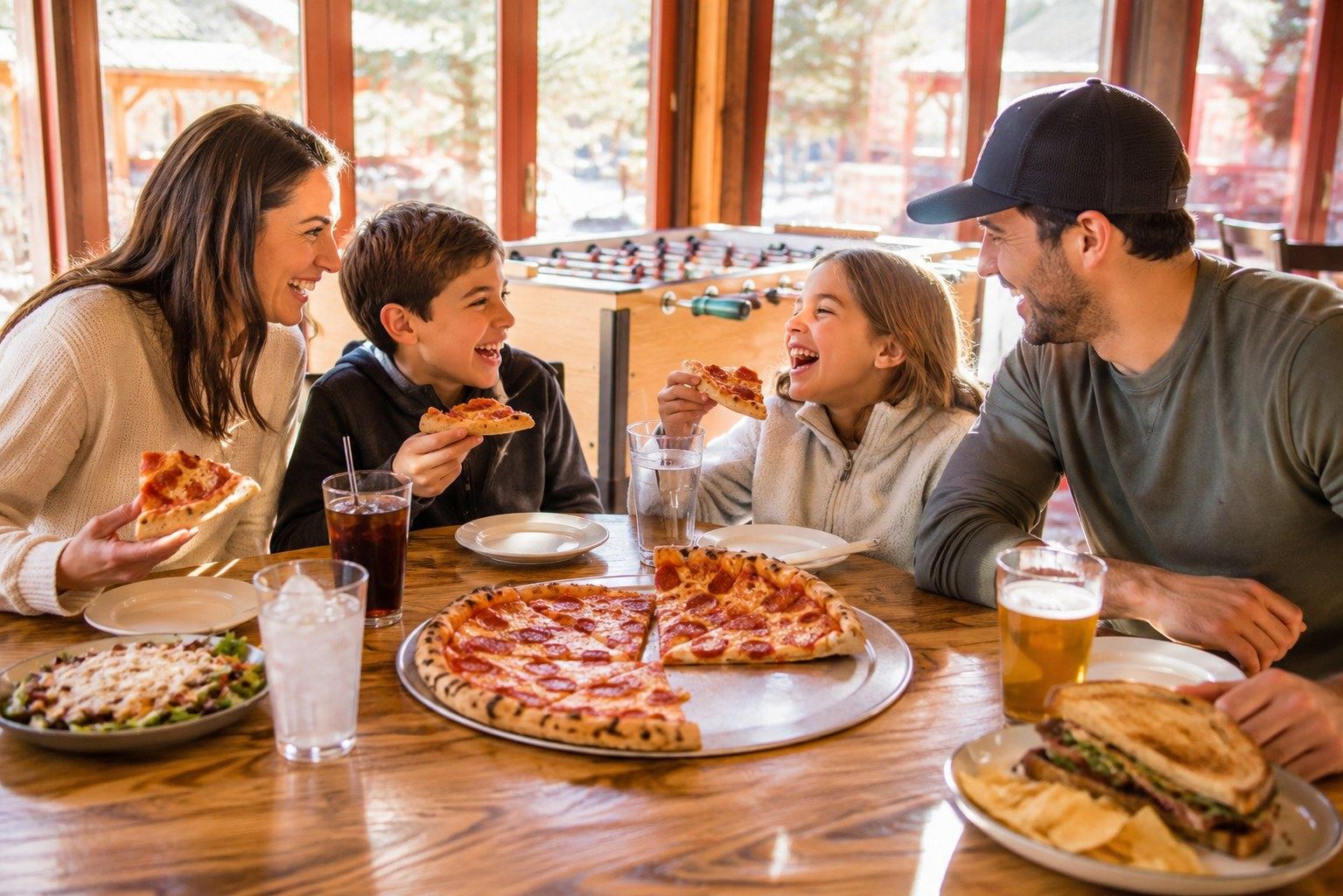 Family laughing together while eating pizza and foosball table nearby at Crazy Elk Pizza