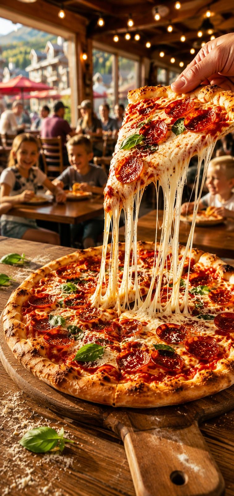 Hand lifting a cheesy pepperoni pizza slice with melted cheese pulling, family-friendly patio dining at Crazy Elk Pizza in Mountain Village