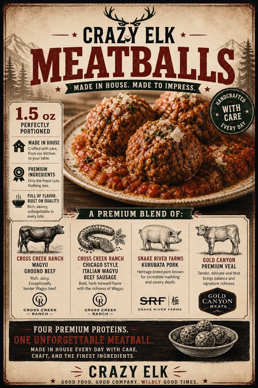 Crazy Elk Pizza house-made meatballs poster: 1.5oz meatballs made in house from Cross Creek Ranch Wagyu beef and Italian Wagyu sausage, Snake River Farms Kurobuta pork, and Gold Canyon premium veal