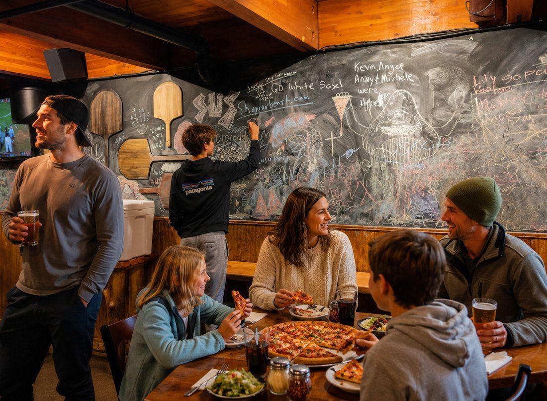 Family enjoying pizza at Crazy Elk
