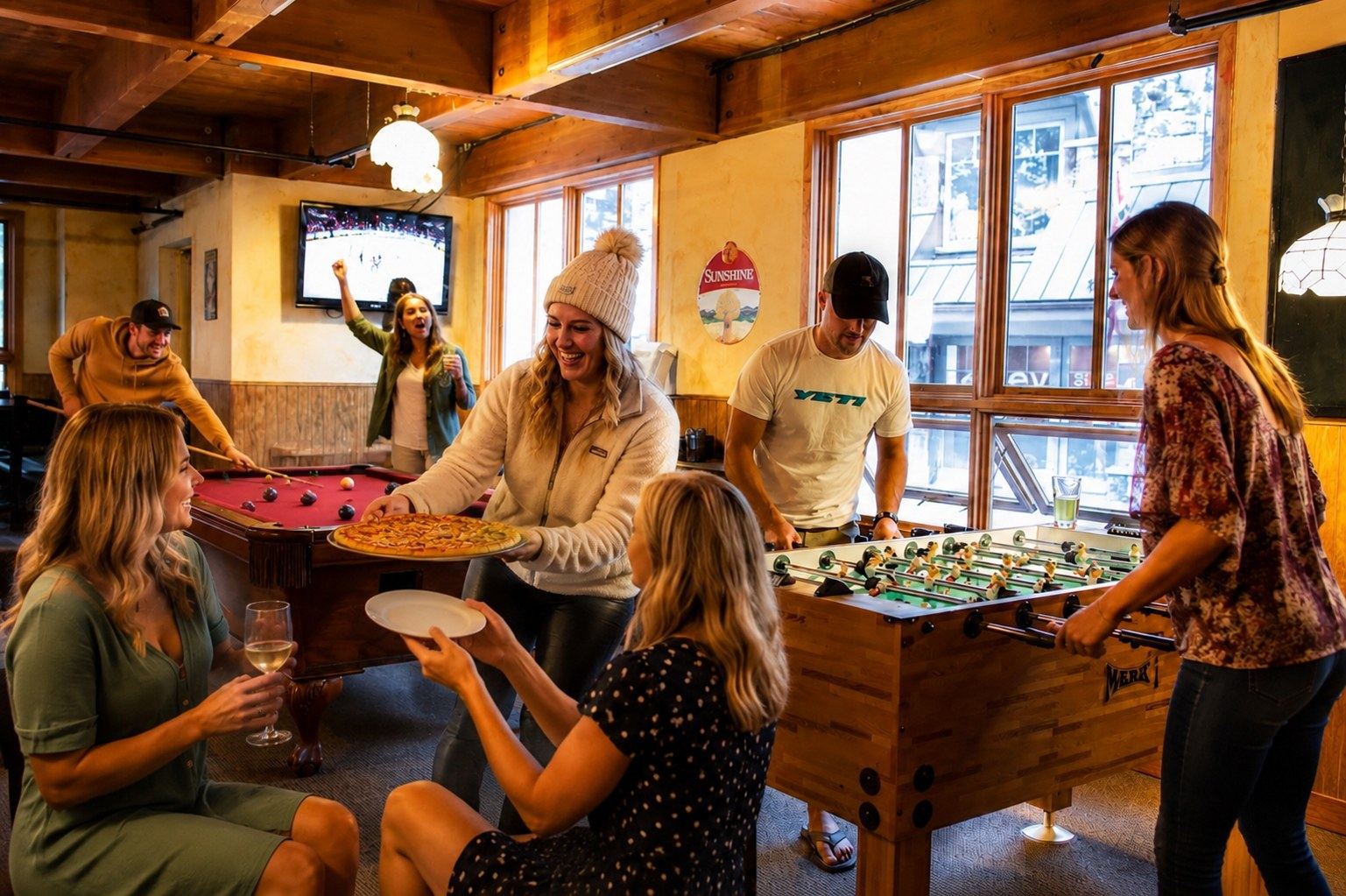 Friends playing pool and foosball while sharing pizza and beer at Crazy Elk Pizza