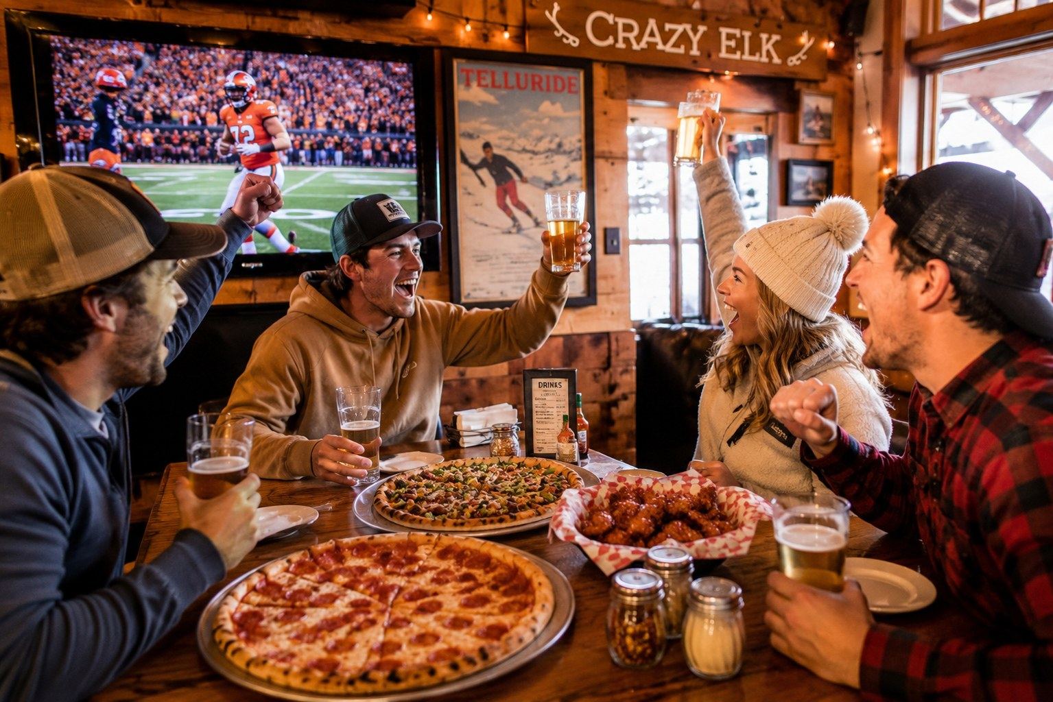 Friends cheering while watching football with pizza, wings, and beer at Crazy Elk Pizza